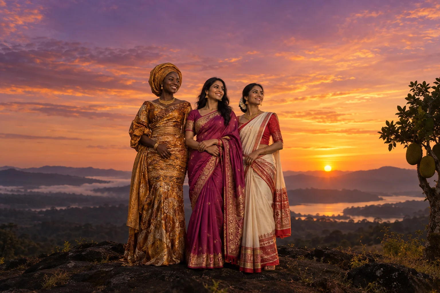 Three fictional women at sunrise